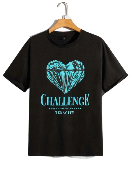 

men slogan & heart print drop shoulder tee f2un#, White;black