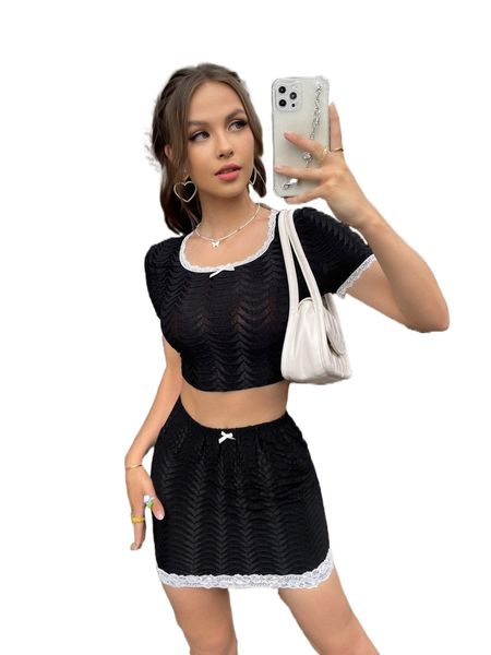 

lace trim bow detail textured tee & bodycon skirt f9f4#, White