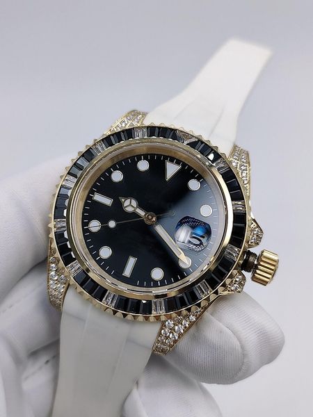 

fashion men's watches white rubber strap automatic mechanical mens watch diamond bezel stainless steel men watches sports man wristwatc, Slivery;brown
