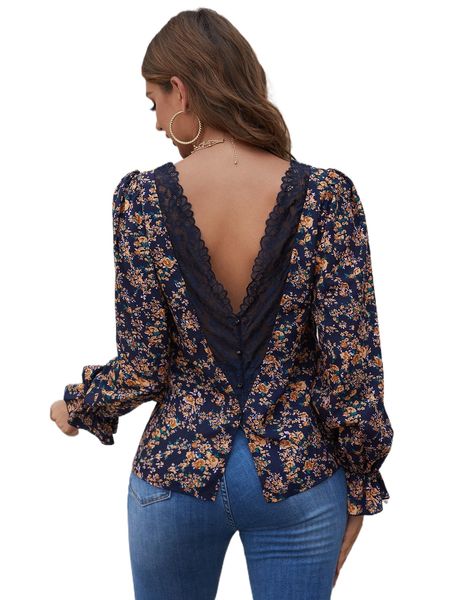 

floral print contrast lace backless blouse z1zx#, White