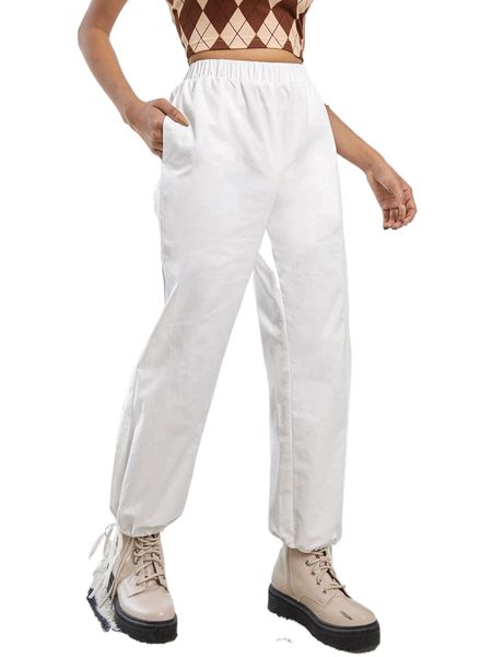 

elastic waist knot hem carrot pants l1bs#, Black;white