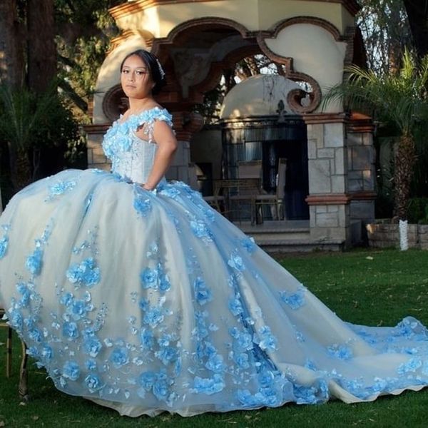 2022 Perfekte Perlen Quinceanera Kleider Blumen Blumenapplikationen Bahama Blau Schulterfrei Kurze Ärmel Sweet 16 Kleid Ballkleider