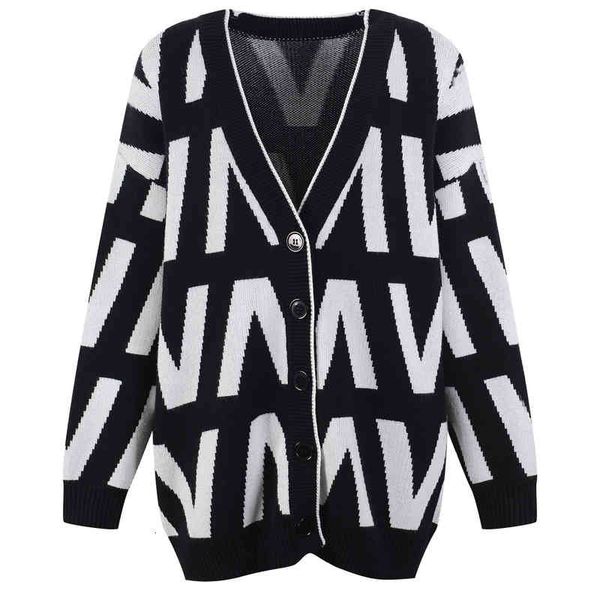 

women's knits tees contrast v-neck sweater cardigan early spring letter jacquard lazy wind long coat 4tad, White