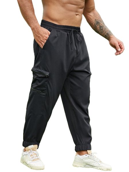 

extended sizes men zip pocket drawstring waist cargo pants t4b5#, Black