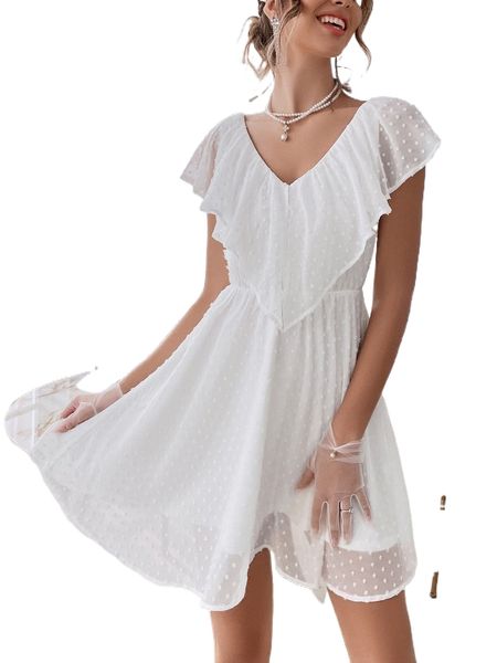 

ruffle trim swiss dot a-line dress h7th#, Black;gray