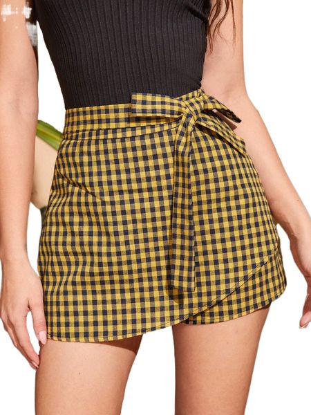 

gingham print tie front skort l2o3#, White;black