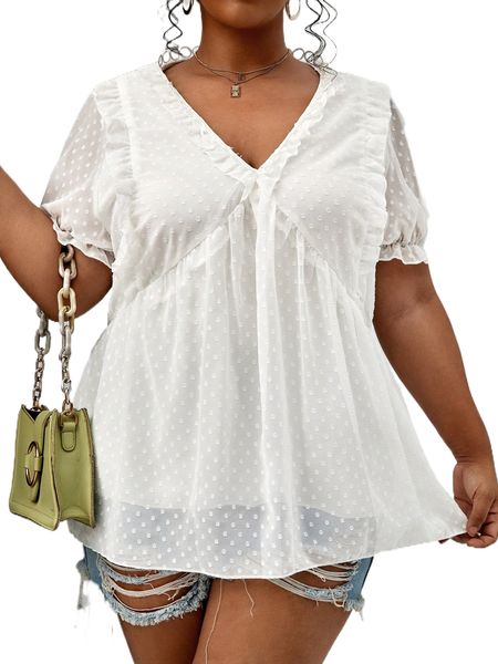 

plus swiss dot frill trim puff sleeve peplum blouse 71g6#, Black