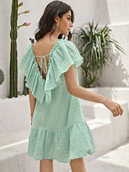 

tie backless ruffle detail smock dress k9kl#, Black;gray