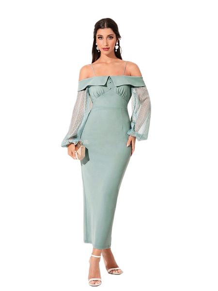 

modely cold shoulder contrast mesh lantern sleeve dress x5r1#, Black;gray