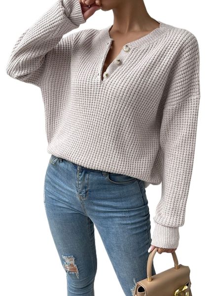 

quarter button drop shoulder sweater m1h8#, White;black