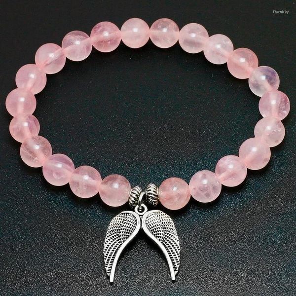 Perlenstränge Engelsflügel-Anhänger-Armbänder Naturstein Klare rosa Perlen Kette Armreifen Charme Frauen Männer Schmuck Fawn22