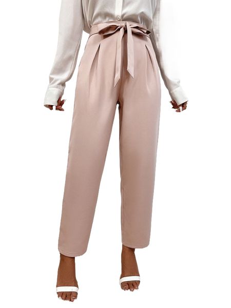 

petite zip up knot front fold pleated pants e6d4#, Black;white