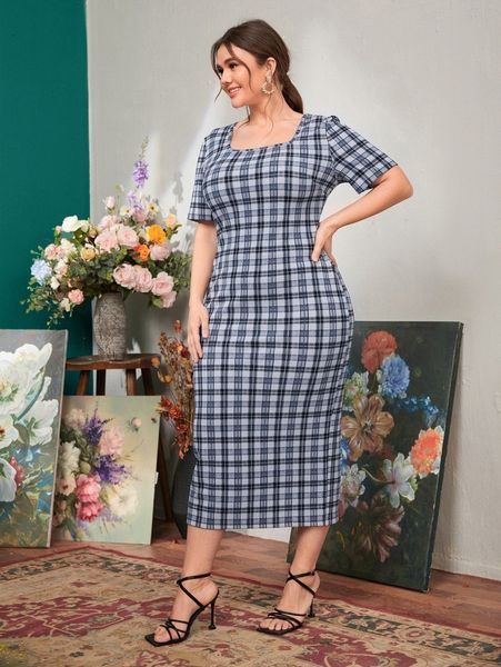 

plus scoop neck plaid dress d6y2#, Black