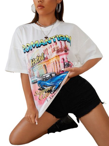 

drop shoulder letter & car print tee n4th#, White