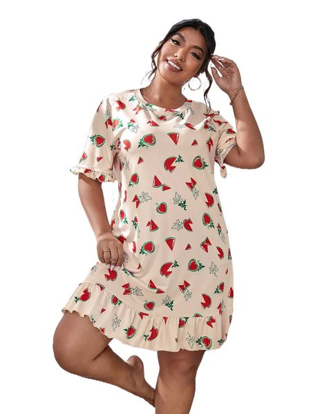 

plus watermelon print flounce cuff ruffle hem nightdress l5kd#, Black;white