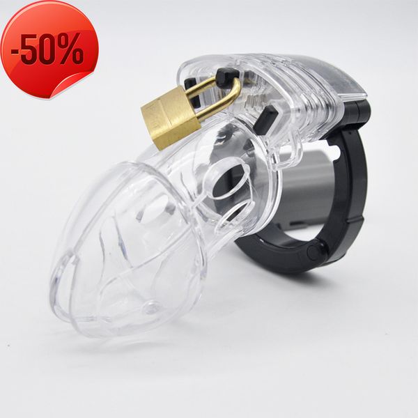 

50% discount male toys man chastity device cock cage with adjustable size rings brass lock locking erotic urethral products shop for couples, Black;white