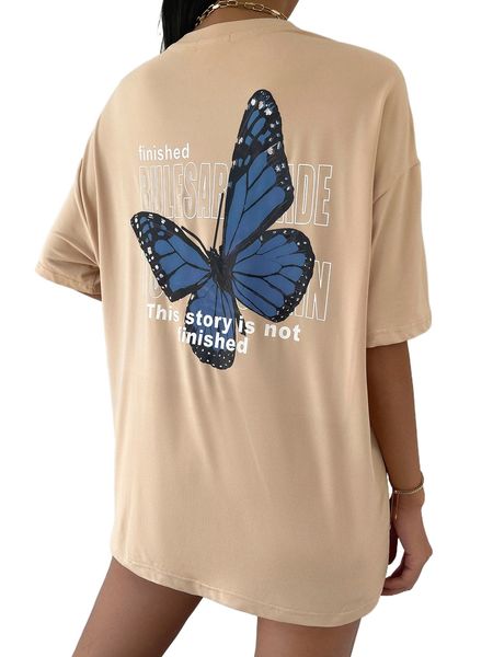 

butterfly & slogan graphic drop shoulder t-shirt f30n#, White