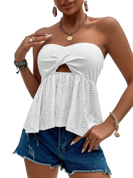 

eyelet embroidery twist front tube q8lz#, White