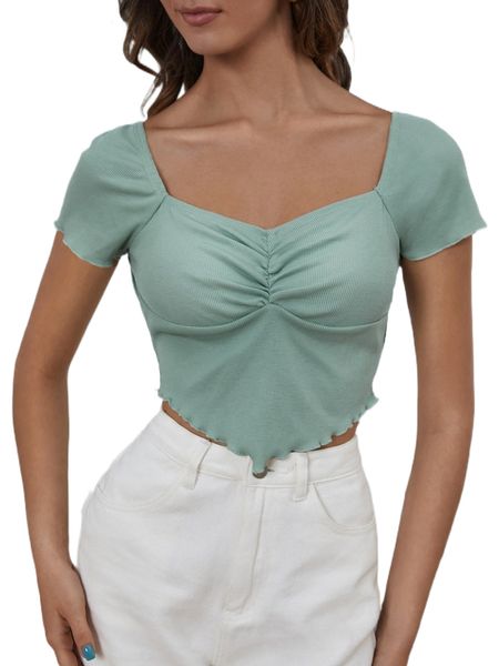 

ribbed knit ruched lettuce trim tee 75s4#, White