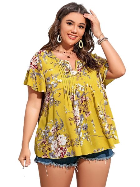 

plus floral print fold pleated notched neck blouse 13fo#, Black