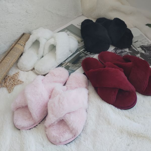 

winter home slippers shoes ladies cross soft plush indoor house slippers, Black