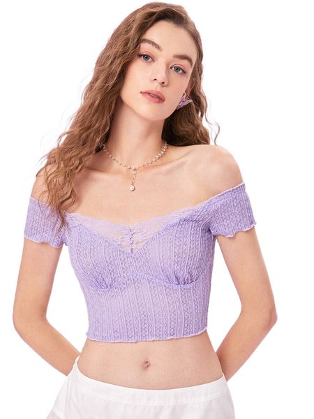 

mod off shoulder lettuce trim crop lace tee 96yl#, White