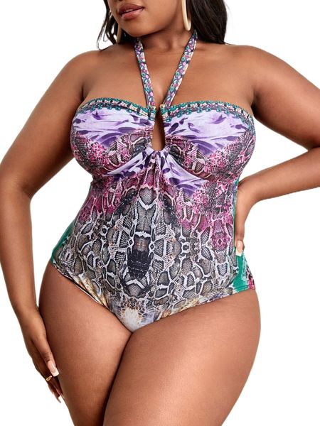 

plus snakeskin print halter one piece swimsuit 64yz#, White;black