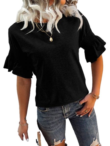 

shirred flounce sleeve tee w34m#, White