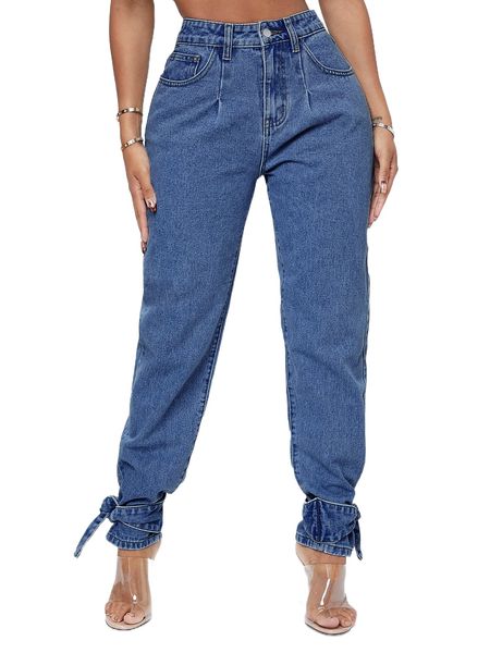

sxy high waist knot detail jeans n6in#, Blue