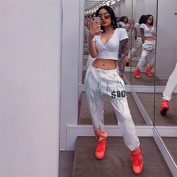 

2020 new women's pants in a cargo flame print plus size breeches trouser streetwear gothic joggers punk harajuku female clothes t200609, Black;white