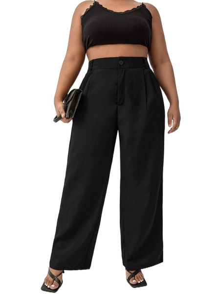 

plus high waist fold pleated tailored pants u8lx#, Black