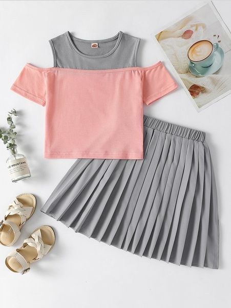 

girls two tone cold shoulder tee & pleated skirt she, White
