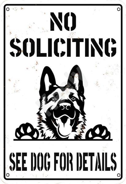 

no soliciting see dog for details german shepherd metal vintage tin sign wall decoration 12x8 inches for cafe bars restaurants pubs man cave