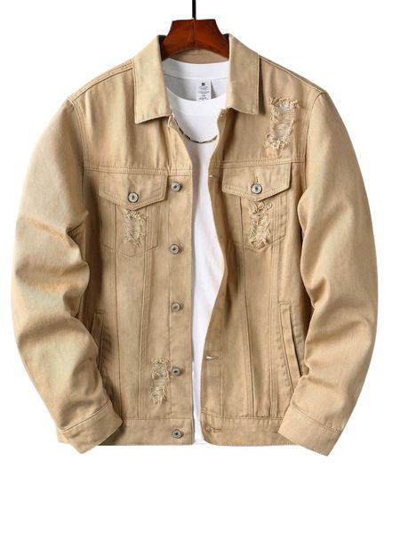 

men flap pocket ripped denim jacket without tee n6yk#, Black;brown