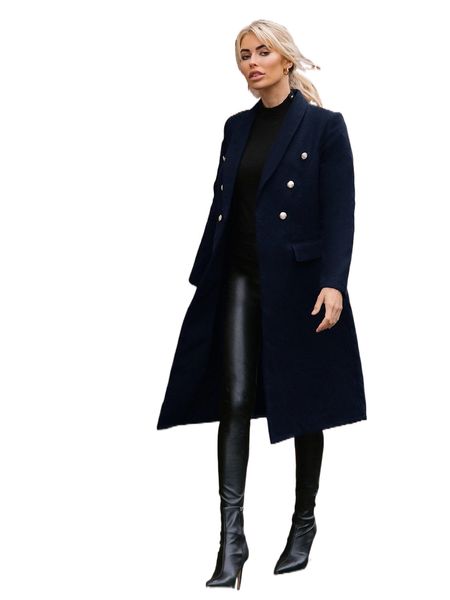 

shawl collar flap detail pea coat q63h#, Black