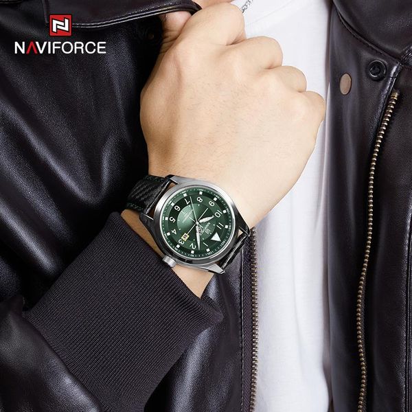 

wristwatches naviforce men's watch business casual leather strap male military waterproof quartz calendar clock, Slivery;brown