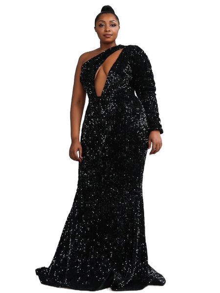 

seomiscky plus cut out front one shoulder sequins dress t4fq#, Black