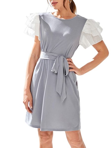 

1pc contrast layered sleeve belted dress e9ze#, Black;gray