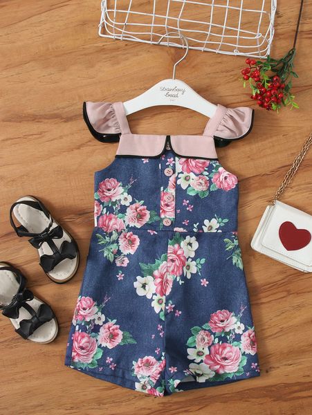 

toddler girls ruffle trim floral pattern romper she, Blue