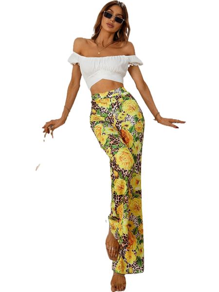 

leopard & floral print pants z8el#, Black;white