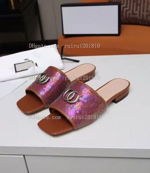 

direct selling sequin women's leather slippers fashion broadband double letter buckle flat sandals summer beach shoes designer shoes de, Black