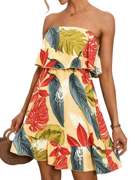 

tropical print ruffle hem tube dress u9cf#, Black;gray