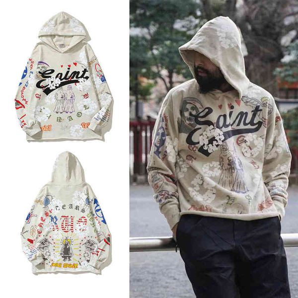

men's hoodies sweatshirts ss high street hip hop hand-painted graffiti cartoon printed couple loose jacket pxsi, Black