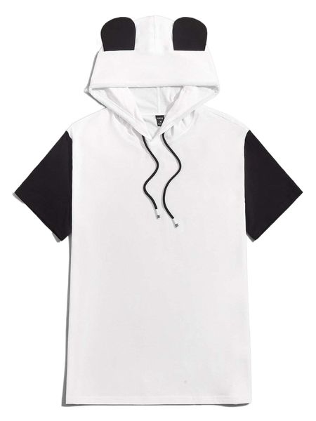 

men color block 3d ears design drawstring hooded tee u1jo#, White;black