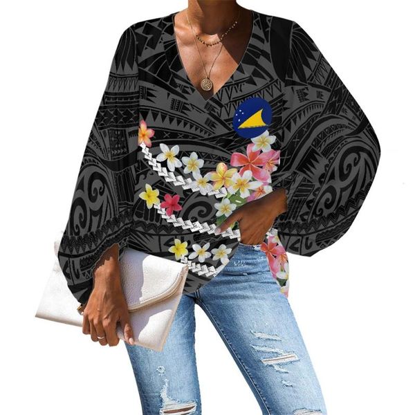 Damenblusen Hemden Polynesian Tribal Tokelau Islands Große Größe Damenbluse 2022 Casual Loose Langarmshirt Tops V-Ausschnitt Weiblich Be