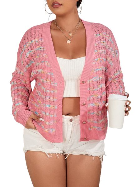 

plus space dye drop shoulder cable knit cardigan x86y#, Black