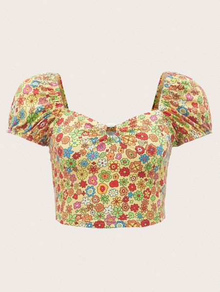 

puff sleeve o-ring detail floral print v0a8#, White