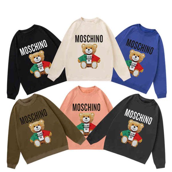 

men's hoodies & sweatshirts spring loose casual letter color matching cartoon bear print round neck pullover long sleeve sweater for me, Black
