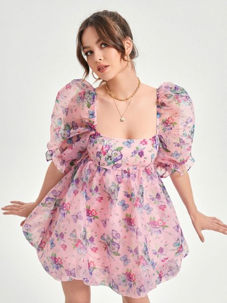 

square neck puff sleeve butterfly & floral print organza dress a9pf#, Black;gray