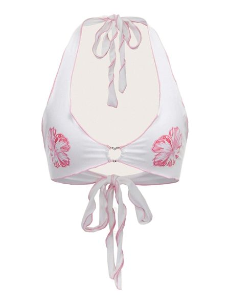 

floral print heart ring detail backless knot halter 63pp#, White